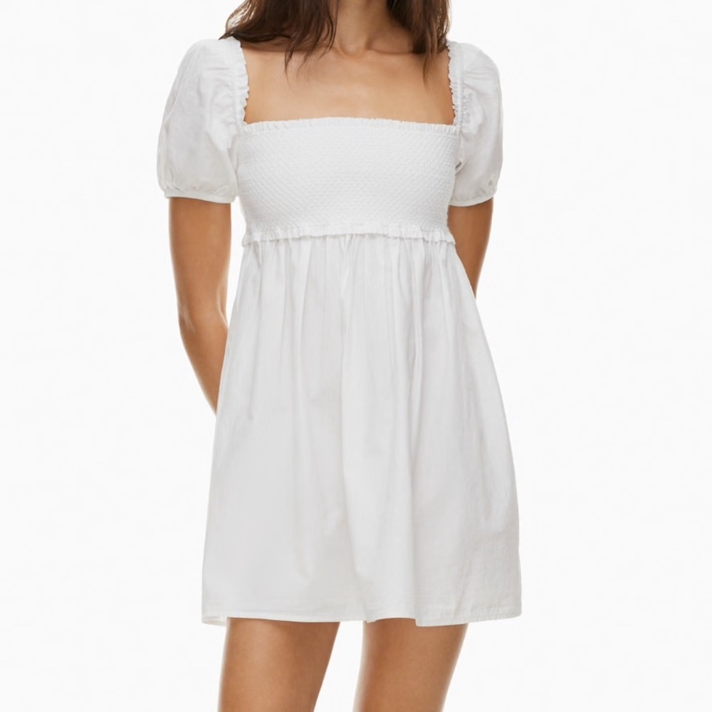 Aritzia White Smocked Square-Neck Mini Dress